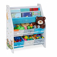 GingerHome Секция за детска стая, етажерка за книги и играчки, органайзер от дърво с 6 текстилни кутии за съхранение FOREST