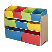 GingerHome Детски дървен органайзер, етажерка, шкаф, секция за съхранение на играчки и книжки - 3 нива с 9 текстилни кутии COLORS